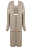 3Pc Knit Cardigan With Cami And Wide Leg Trouser Set In Taupe
