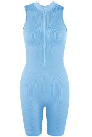 Zip Up Front Ribbed Unitard In Blue