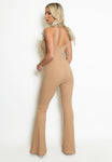 High Neck Ribbed Flared Jumpsuit In Taupe