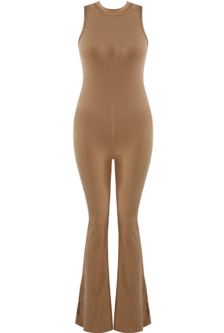 High Neck Ribbed Flared Jumpsuit In Taupe