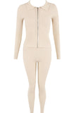 Beige Double Zip Up Ribbed Loungeset