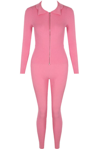 Pink Double Zip Up Ribbed Loungeset