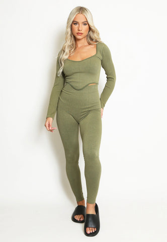 Seamless Dip Front Ribbed Set In Khaki