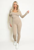 Seamless Dip Front Ribbed Set In Beige